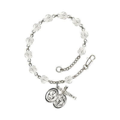 Confirmation with Chalice Rosary Bracelet with Pewter Crucifix and Medal, Birthstone 6mm Fire Polished Clear Crystal Beads for April, Bliss Manufacturing
