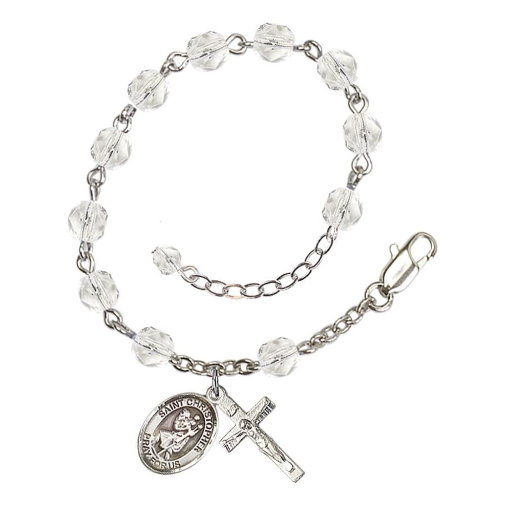 Bliss Our Lady of Rosa Mystica Rosary Bracelet with Pewter Crucifix and Charm, Birthstone 6mm Fire Polished Clear Crystal Beads for April