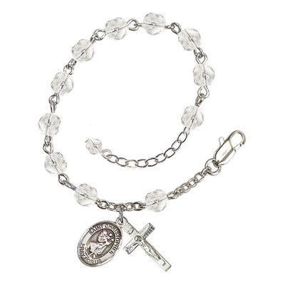 Bliss Our Lady of Rosa Mystica Rosary Bracelet with Pewter Crucifix and Charm, Birthstone 6mm Fire Polished Clear Crystal Beads for April