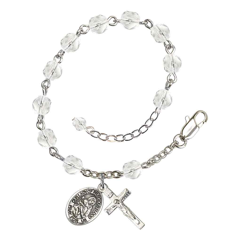 Our Lady of the Precious Blood Rosary Silver-plated Bracelet with Pewter Crucifix and Charm, Birthstone 6mm Fire Polished Clear Crystal Beads for April