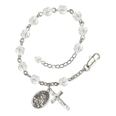 Our Lady of the Precious Blood Rosary Silver-plated Bracelet with Pewter Crucifix and Charm, Birthstone 6mm Fire Polished Clear Crystal Beads for April