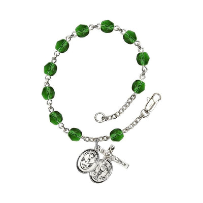Confirmation with Chalice Rosary Bracelet with Pewter Crucifix and Medal, Birthstone 6mm Fire Polished Emerald Beads for May, Bliss Manufacturing