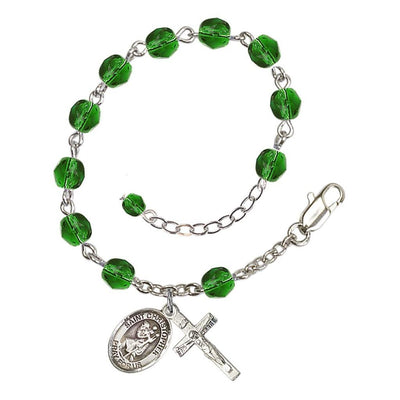 Bliss Our Lady of Rosa Mystica Rosary Bracelet with Pewter Crucifix and Charm, Birthstone 6mm Fire Polished Emerald Beads for May