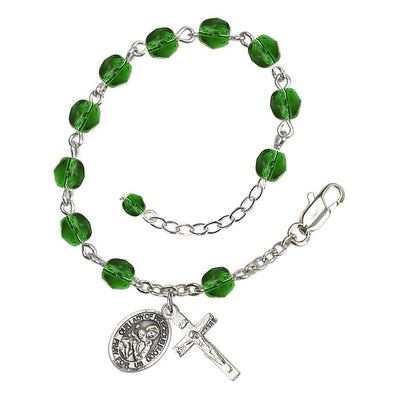 Our Lady of the Precious Blood Rosary Silver-plated Bracelet with Pewter Crucifix and Charm, Birthstone 6mm Fire Polished Emerald Beads for May
