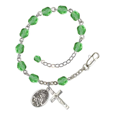 Our Lady of the Precious Blood Rosary Silver-plated Bracelet with Pewter Crucifix and Charm, Birthstone 6mm Fire Polished Peridot Beads for August