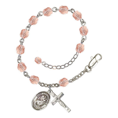 Bliss Our Lady of Rosa Mystica Rosary Bracelet with Pewter Crucifix and Charm, Birthstone 6mm Fire Polished Pink Rose Beads for October