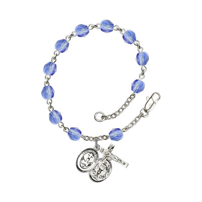 Confirmation with Chalice Rosary Bracelet with Pewter Crucifix and Medal, Birthstone 6mm Fire Polished Sapphire Beads for September, Bliss Manufacturing