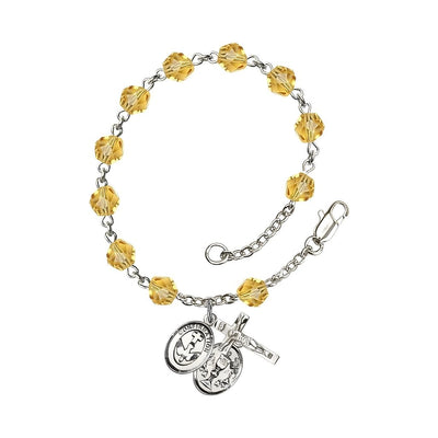Confirmation with Chalice Rosary Bracelet with Pewter Crucifix and Medal, Birthstone 6mm Fire Polished Topaz Beads for November, Bliss Manufacturing