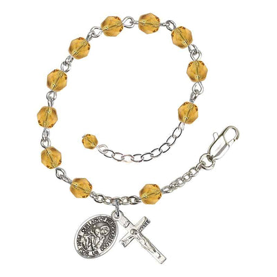 Our Lady of the Precious Blood Rosary Silver-plated Bracelet with Pewter Crucifix and Charm, Birthstone 6mm Fire Polished Topaz Beads for November