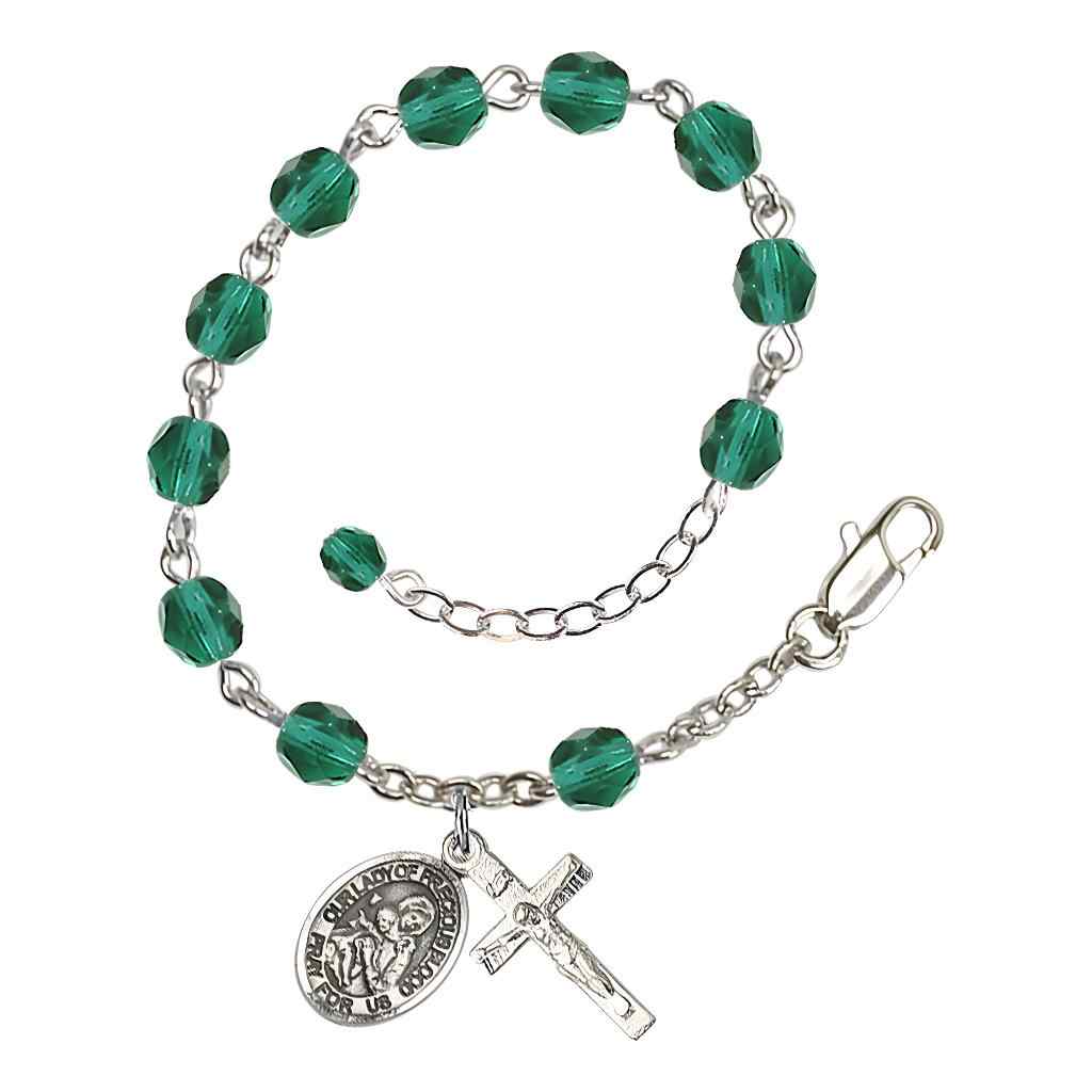 Our Lady of the Precious Blood Rosary Silver-plated Bracelet with Pewter Crucifix and Charm, Birthstone 6mm Fire Polished Zircon Beads for December