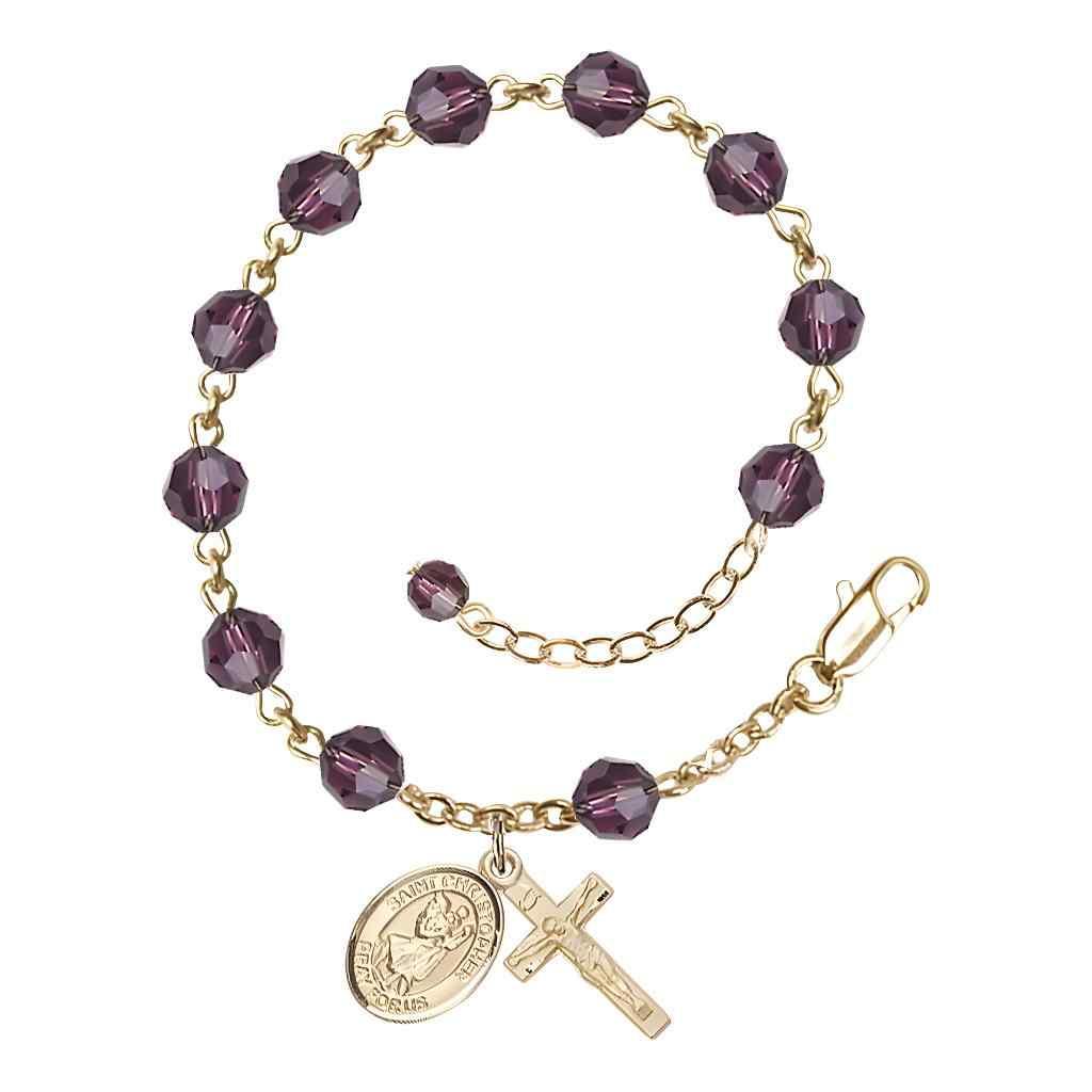 St. Christopher Rosary Bracelet with Gold-filled Crucifix and Charm, Birthstone 6mm Austrian Crystal Amethyst Beads for February