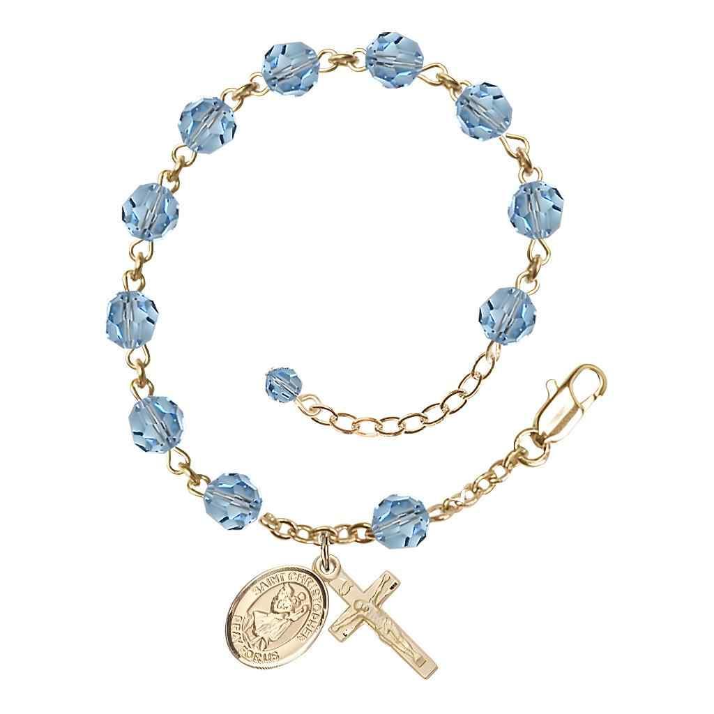 St. Christopher Rosary Bracelet with Gold-filled Crucifix and Charm, Birthstone 6mm Austrian Crystal Aqua Beads for March
