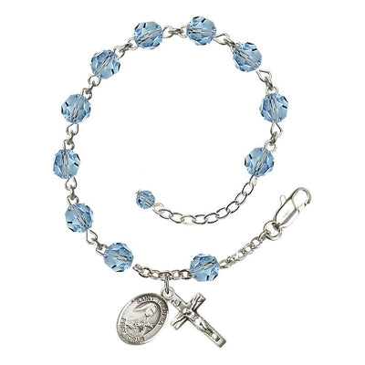 St. Theresa 6mm Aqua Austrian Crystal March Birthstone Sterling Silver Rosary Bracelet, Bliss Manufacturing