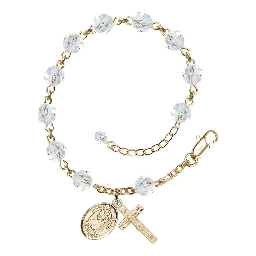 St. Christopher Rosary Bracelet with Gold-filled Crucifix and Charm, Birthstone 6mm Austrian Crystal Clear Crystal Beads for April