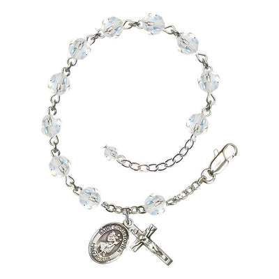 St. Christopher Rosary Bracelet with Sterling Silver Crucifix and Charm, Birthstone 6mm Austrian Crystal Clear Crystal Beads for April