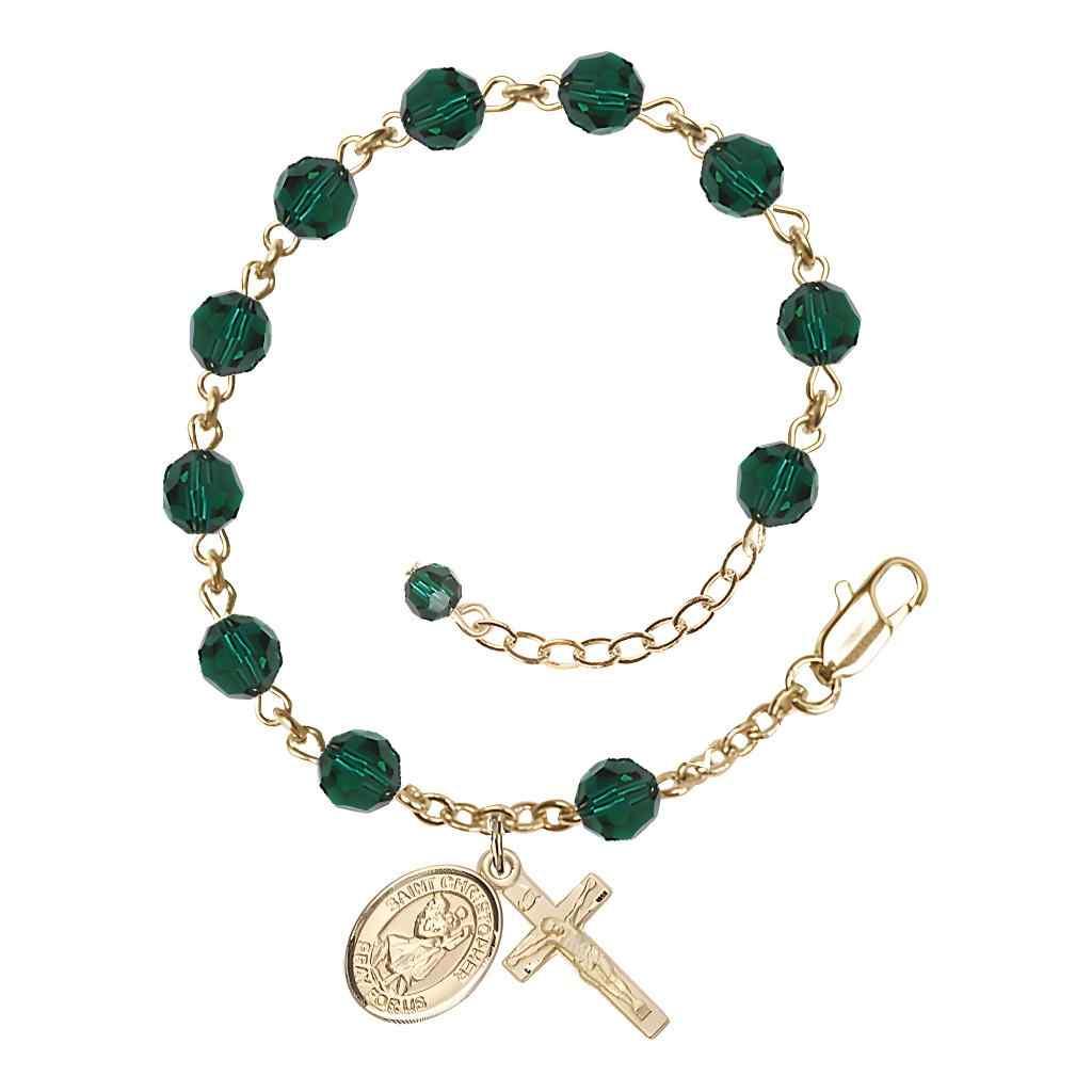 St. Christopher Rosary Bracelet with Gold-filled Crucifix and Charm, Birthstone 6mm Austrian Crystal Emerald Beads for May
