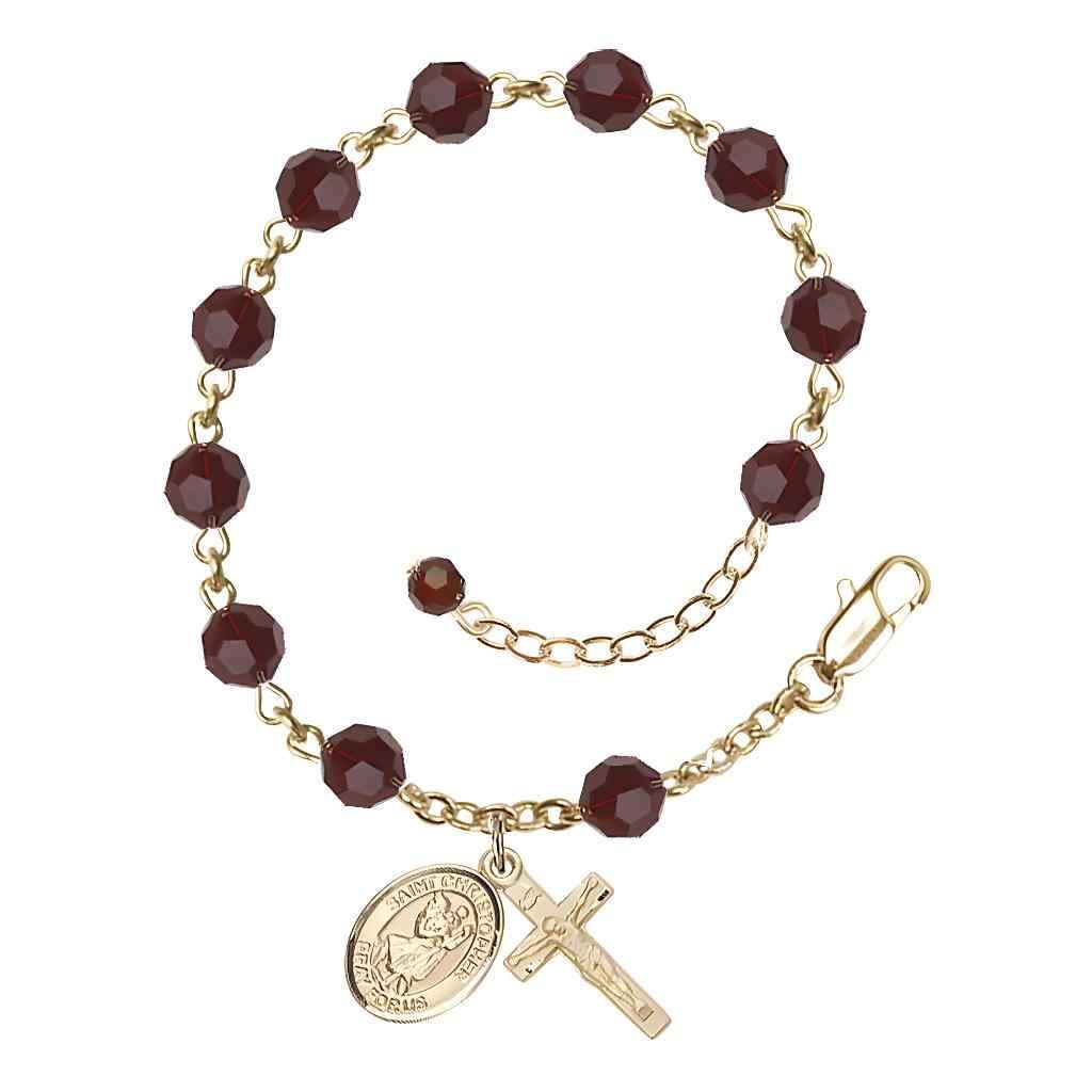 St. Christopher Rosary Bracelet with Gold-filled Crucifix and Charm, Birthstone 6mm Austrian Crystal Garnet Beads for January