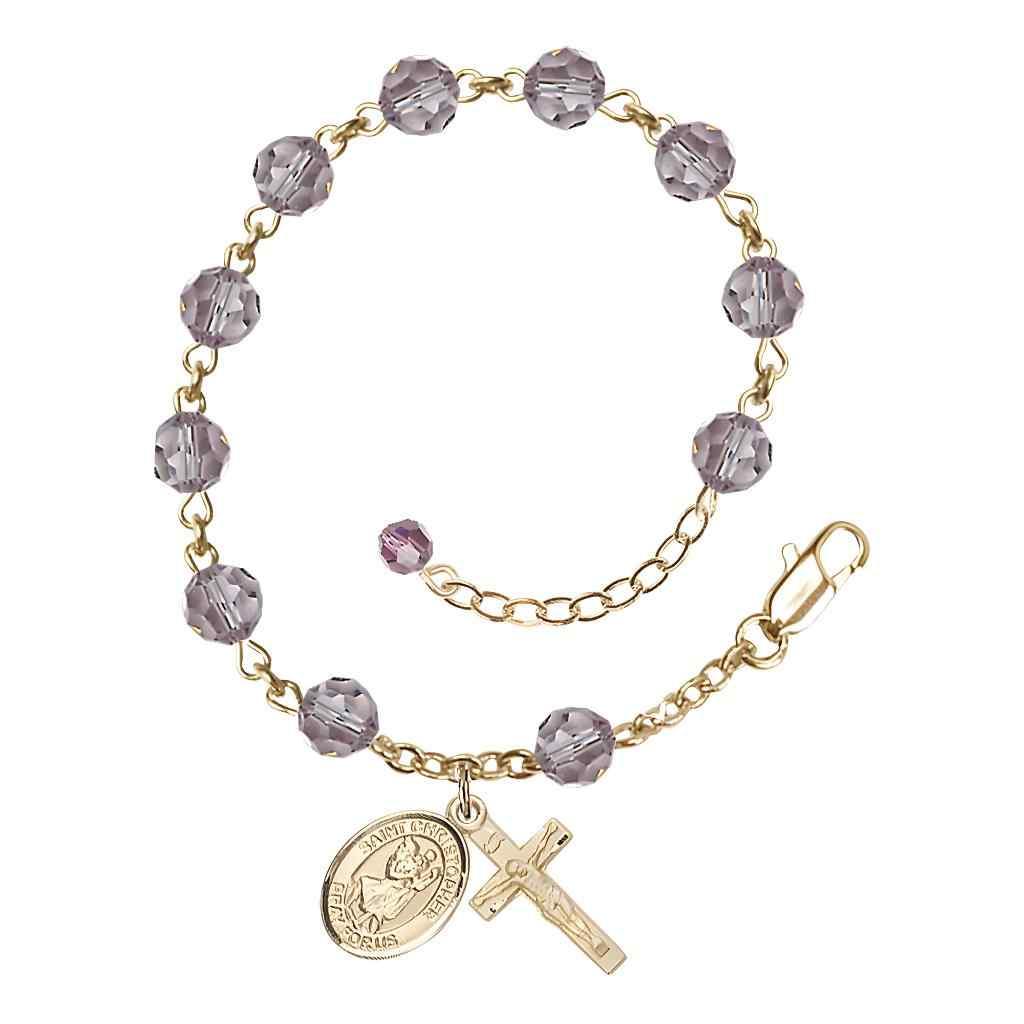 St. Christopher Rosary Bracelet with Gold-filled Crucifix and Charm, Birthstone 6mm Austrian Crystal Light Amethyst Beads for June