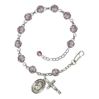 St. Christopher Rosary Bracelet with Sterling Silver Crucifix and Charm, Birthstone 6mm Austrian Crystal Light Amethyst Beads for June