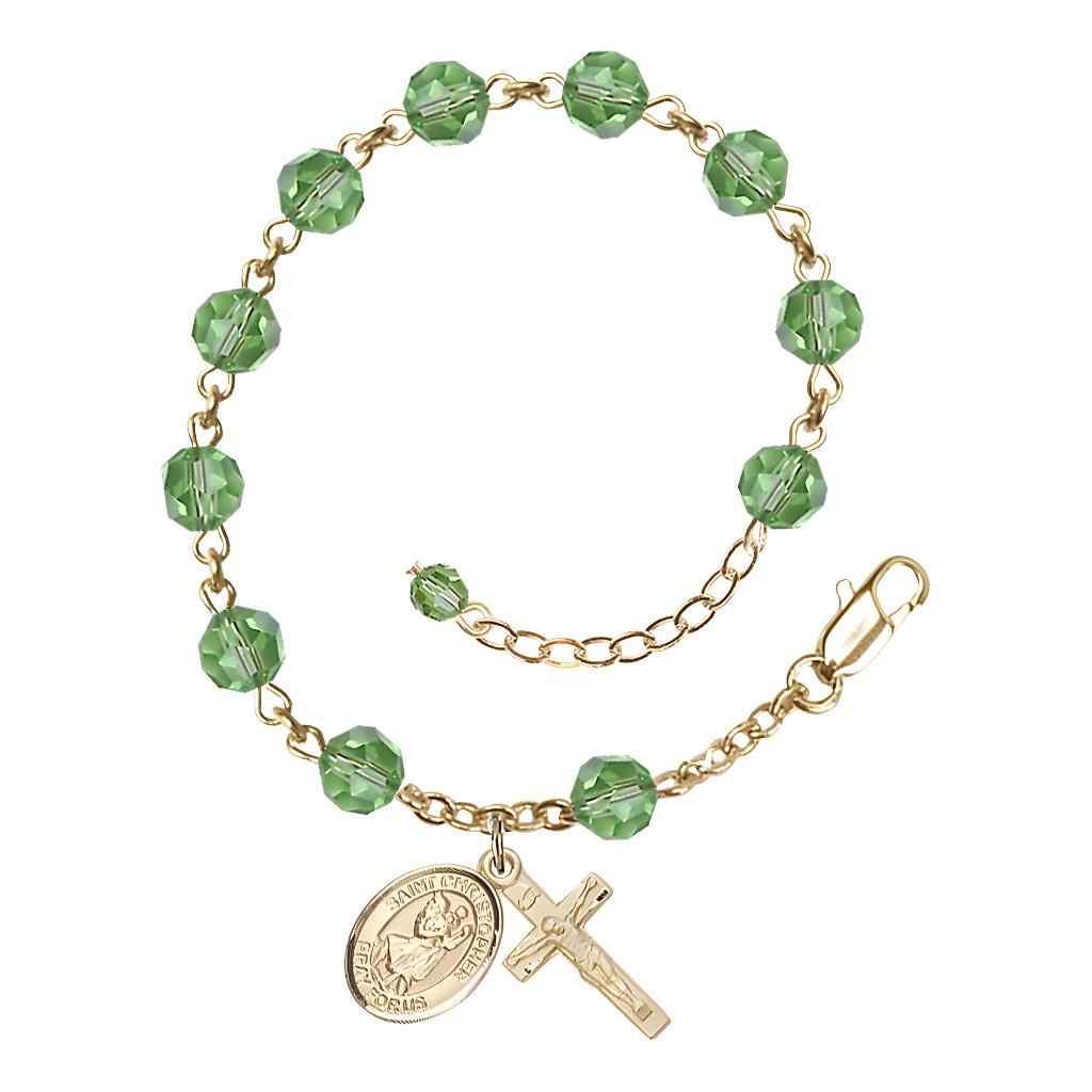 St. Christopher Rosary Bracelet with Gold-filled Crucifix and Charm, Birthstone 6mm Austrian Crystal Peridot Beads for August