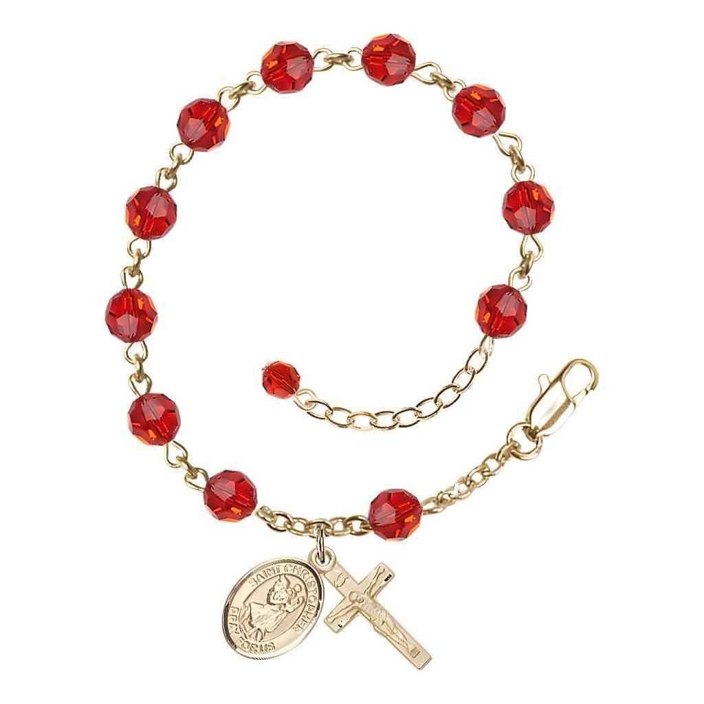 St. Christopher Rosary Bracelet with Gold-filled Crucifix and Charm, Birthstone 6mm Austrian Crystal Ruby Beads for July