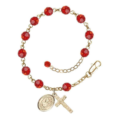 St. Christopher Rosary Bracelet with Gold-filled Crucifix and Charm, Birthstone 6mm Austrian Crystal Ruby Beads for July