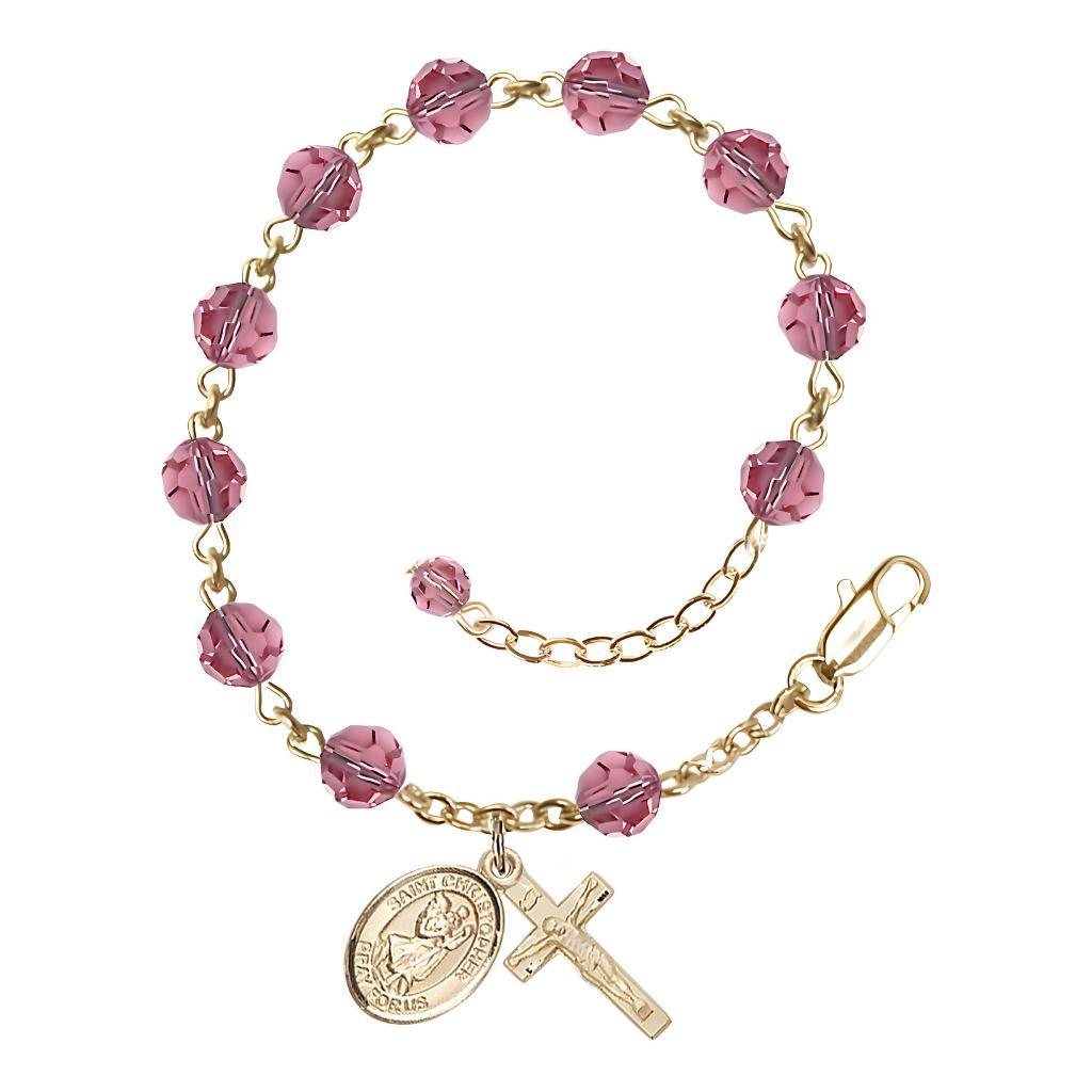 St. Christopher Rosary Bracelet with Gold-filled Crucifix and Charm, Birthstone 6mm Austrian Crystal Pink Rose Beads for October