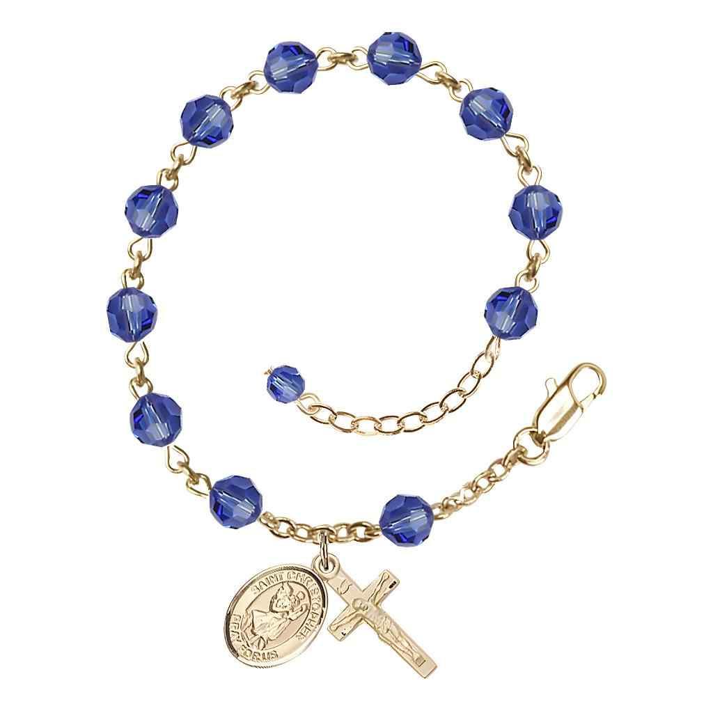 St. Christopher Rosary Bracelet with Gold-filled Crucifix and Charm, Birthstone 6mm Austrian Crystal Sapphire Beads for September