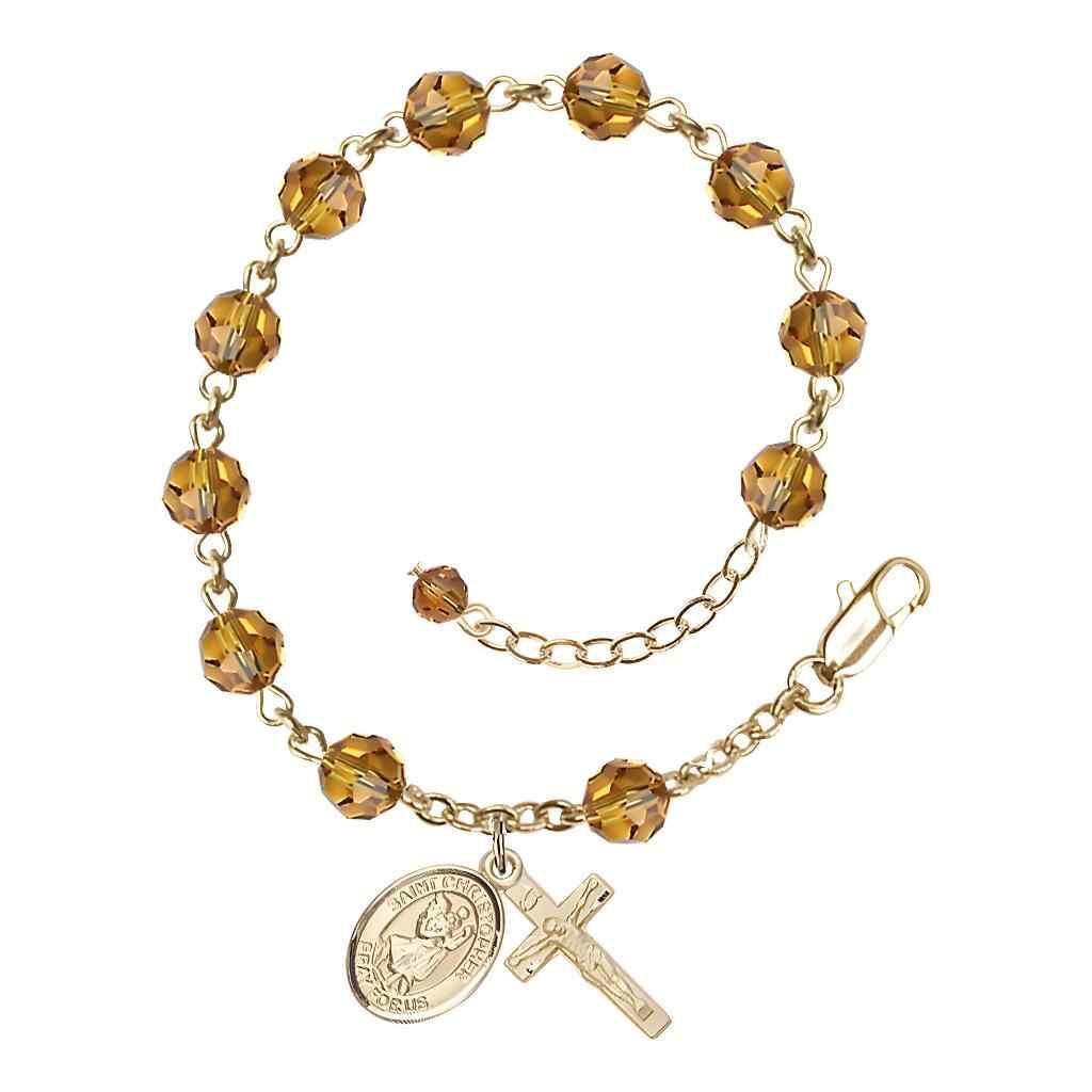 St. Christopher Rosary Bracelet with Gold-filled Crucifix and Charm, Birthstone 6mm Austrian Crystal Topaz Beads for November