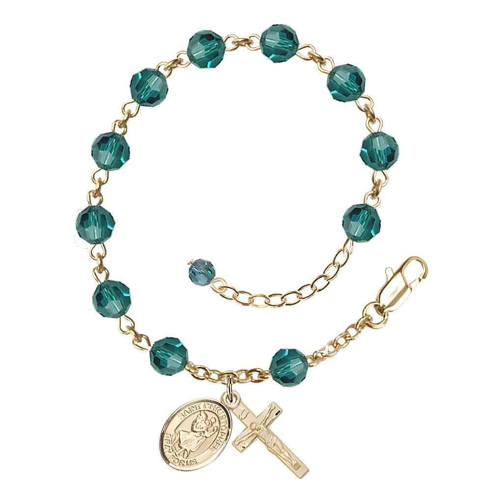 St. Christopher Rosary Bracelet with Gold-filled Crucifix and Charm, Birthstone 6mm Austrian Crystal Zircon Beads for December