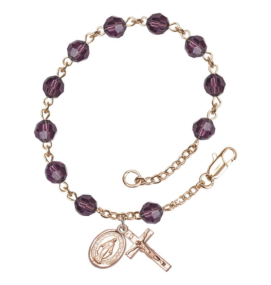 Bliss Miraculous 6mm Austrian Crystal 14kt Gold Rosary Bracelet in Amethyst,