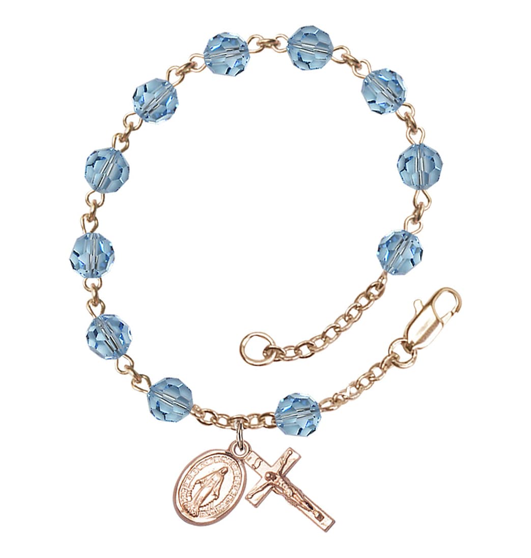 Bliss Miraculous 6mm Austrian Crystal 14kt Gold Rosary Bracelet in Aqua,