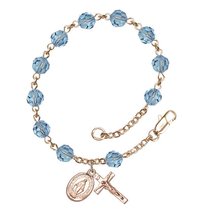 Miraculous 6mm Austrian Crystal 14kt Gold Rosary Bracelet in Aqua, Bliss Manufacturing