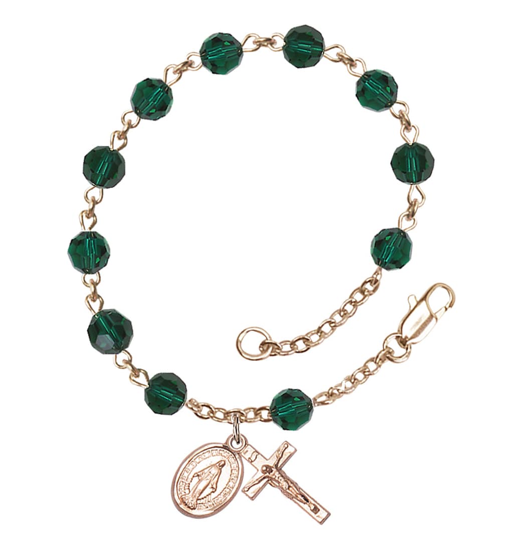 Bliss Miraculous 6mm Austrian Crystal 14kt Gold Rosary Bracelet in Emerald,