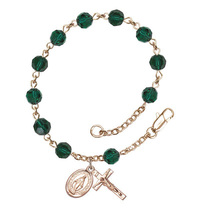 Miraculous 6mm Austrian Crystal 14kt Gold Rosary Bracelet in Emerald, Bliss Manufacturing