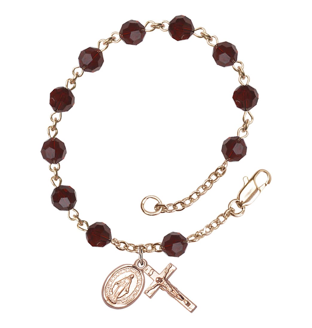 Bliss Miraculous 6mm Austrian Crystal 14kt Gold Rosary Bracelet in Garnet,