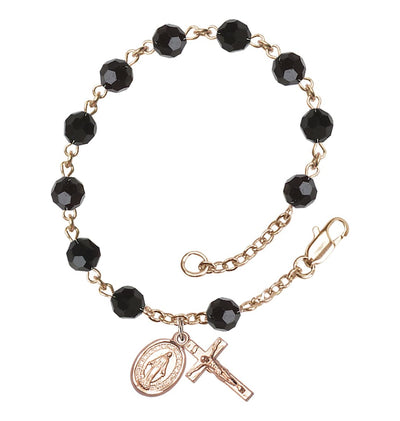 Miraculous 6mm Austrian Crystal 14kt Gold Rosary Bracelet in Jet, Bliss Manufacturing