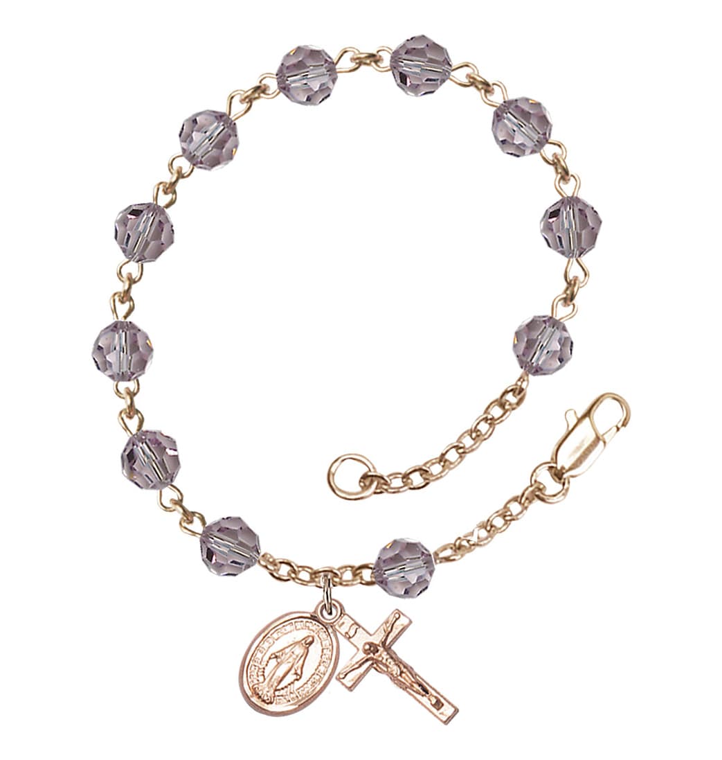 Bliss Miraculous 6mm Austrian Crystal 14kt Gold Rosary Bracelet in Light Amethyst,