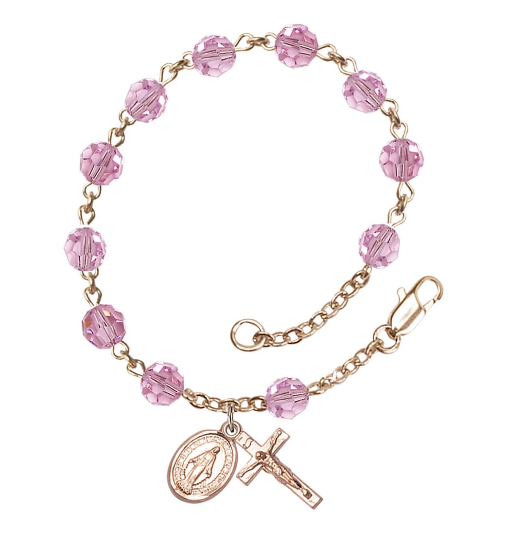 Bliss Miraculous 6mm Austrian Crystal 14kt Gold Rosary Bracelet in Light Rose,