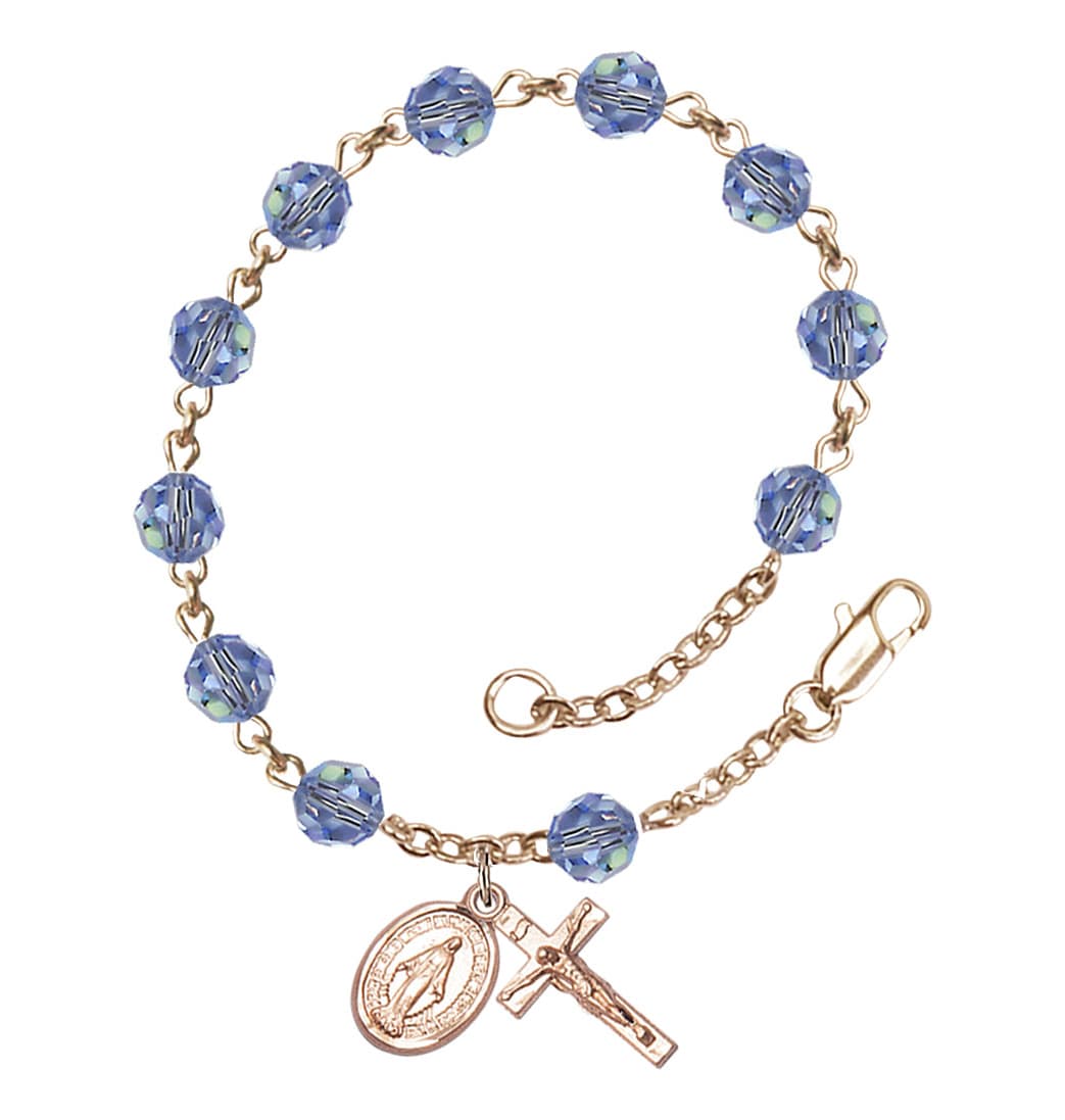 Bliss Miraculous 6mm Austrian Crystal 14kt Gold Rosary Bracelet in Light Sapphire,