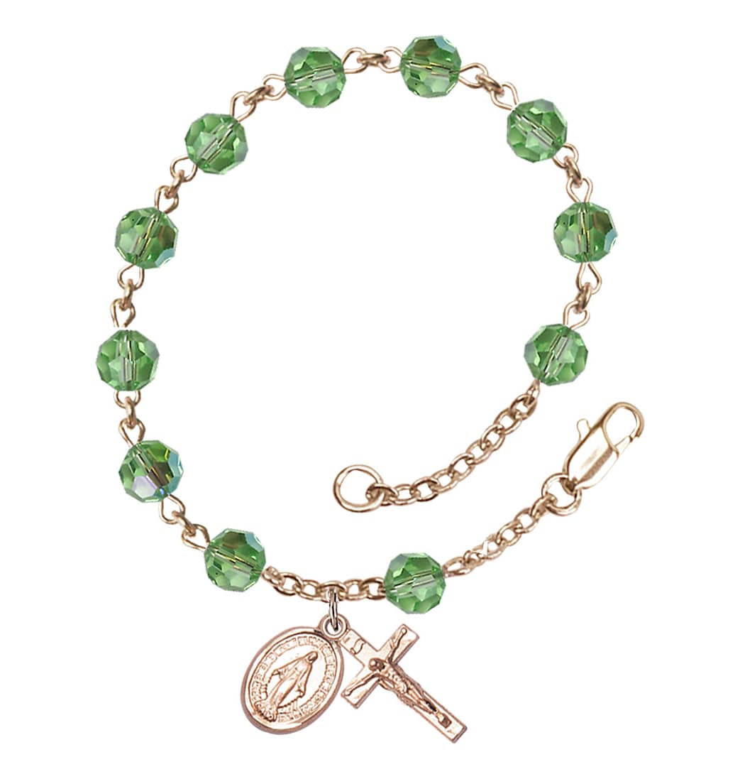 Bliss Miraculous 6mm Austrian Crystal 14kt Gold Rosary Bracelet in Peridot,