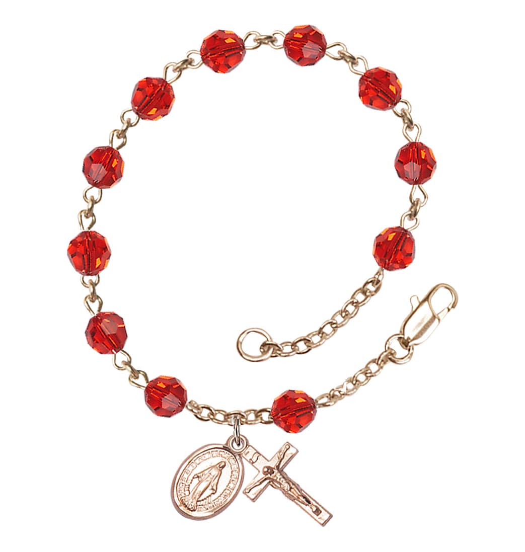 Bliss Miraculous 6mm Austrian Crystal 14kt Gold Rosary Bracelet in Ruby,