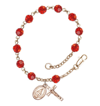 Miraculous 6mm Austrian Crystal 14kt Gold Rosary Bracelet in Ruby, Bliss Manufacturing