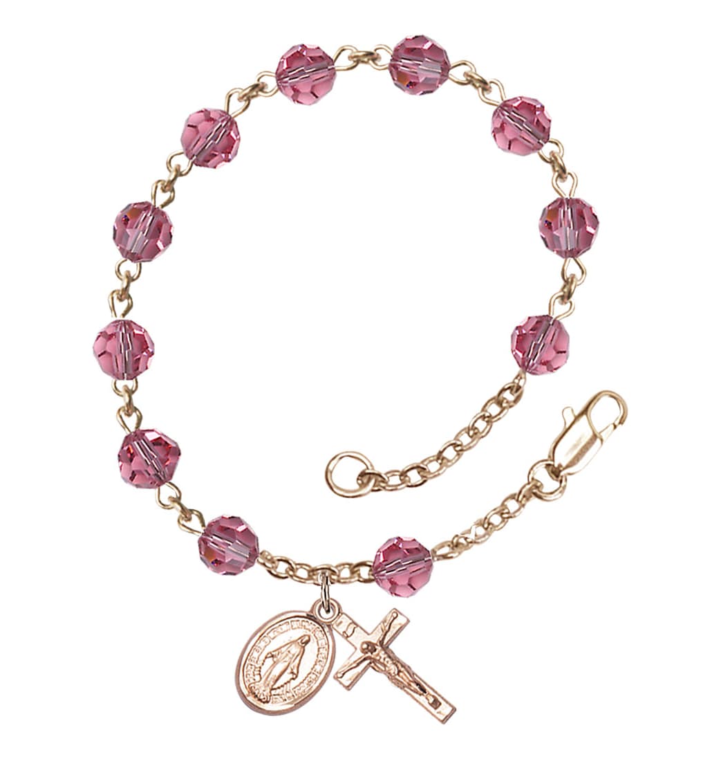 Bliss Miraculous 6mm Austrian Crystal 14kt Gold Rosary Bracelet in Rose,