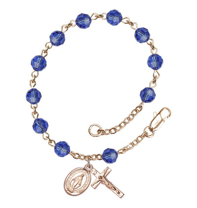 Miraculous 6mm Austrian Crystal 14kt Gold Rosary Bracelet in Sapphire, Bliss Manufacturing