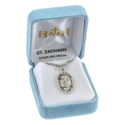 St. Zachary sterling silver medal holding a scroll in a gift box, HMH Religious