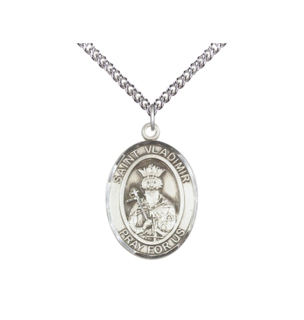 Bliss Large Sterling Silver St. Vladimir Pendant on a 24 inch Light Rhodium-plated Heavy Curb Chain