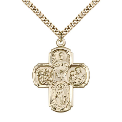 Large Spanish 5-Way Cross Gold-Filled Medal Necklace W/Plated Chain, Bliss Manufacturing