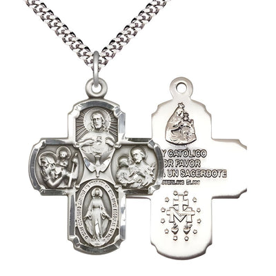 Large Spanish 5-Way Cross Sterling Silver Medal Necklace W/Plated Chain, Bliss Manufacturing