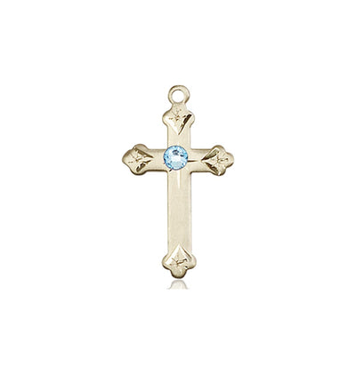 Birthstone Fancy Tip 14kt Gold Cross Pendant with Austrian Crystals, Aqua March Birthstone, Bliss Manufacturing